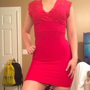 Red Body-Con Bebe Dress with Lace Detail